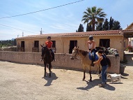 Preparing a horsebackriding tour in the countryside with instructor 