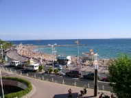 Close seaview from a balcony of the Hotel Beausejour with East part of the central beach of St-Raphael